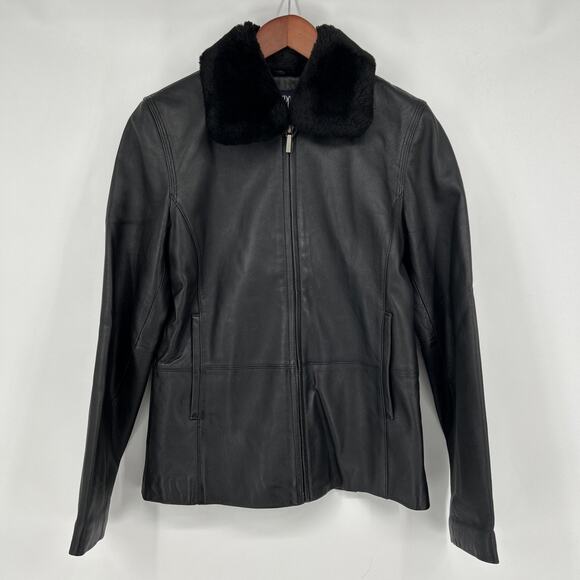Blassport Black Leather Jacket Womens Small Detachable Collar Slim Fit Full Zip - Picture 1 of 8